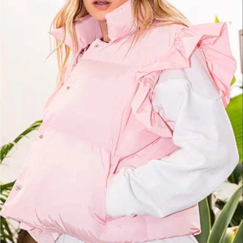Pink Ruffled Sleeve Puffer Vest